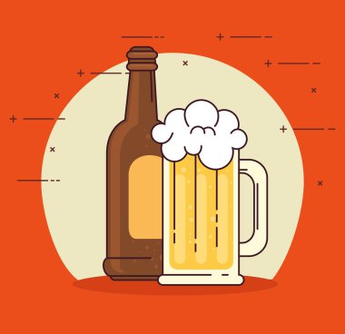 Şişede biralar ve kırmızı arka planda bardak.