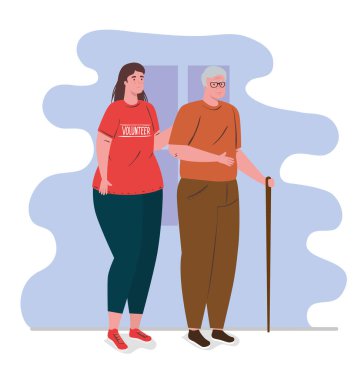 Gönüllü kadın yaşlı bir adamla kırmızı tişört giyiyor, hayır kurumu ve sosyal yardım konsepti.