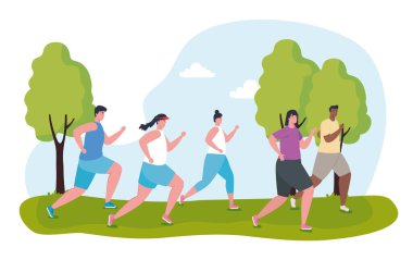 Gençler maratoncular sportif, kadınlar ve erkekler, yarışma ya da maraton koşusu posterleri, sağlıklı yaşam tarzı ve spor