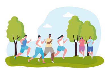 Gençler maratoncular sportif, kadınlar ve erkekler, yarışma ya da maraton koşusu posterleri, sağlıklı yaşam tarzı ve spor