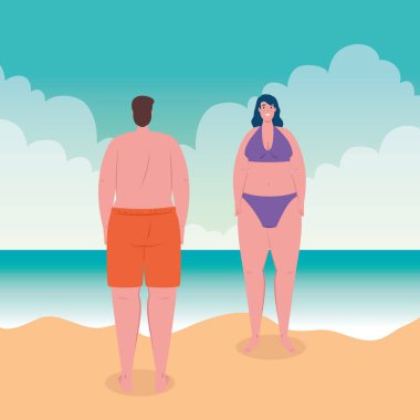 Plajdaki genç çift, plajdaki adam ve kız arkadaşı, yaz tatili sezonu.