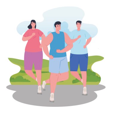 Sportif koşan maratoncular, erkek ve kadın, yarışma ya da maraton koşusu posterleri, sağlıklı yaşam tarzı ve spor