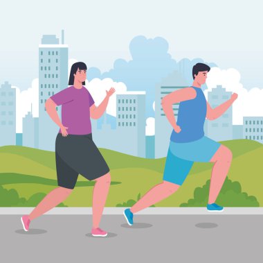Spor, kadın ve erkek koşu ya da maraton yarış posterleri, sağlıklı yaşam tarzı ve spor koşan çiftler.