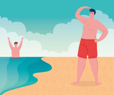 Erkeklerle plaj, plajda grup üyeleri, yaz tatilleri ve turizm konsepti.