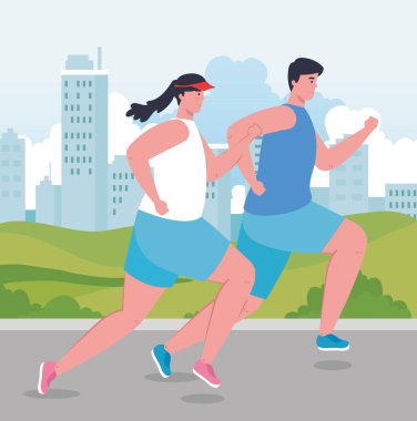 Spor, kadın ve erkek koşu ya da maraton yarış posterleri, sağlıklı yaşam tarzı ve spor koşan çiftler.