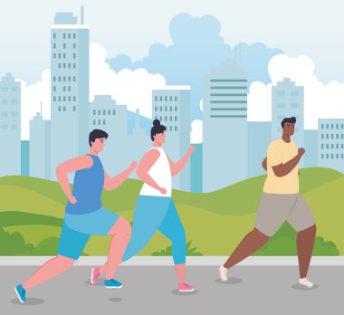 Sportif koşan maratoncular, erkek ve kadın, yarışma ya da maraton koşusu posterleri, sağlıklı yaşam tarzı ve spor