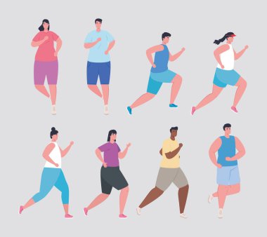 Grup üyeleri, maratoncular, spor elbiseli kadınlar ve erkekler, maratoncular yarış posterleri, sağlıklı yaşam tarzı ve spor