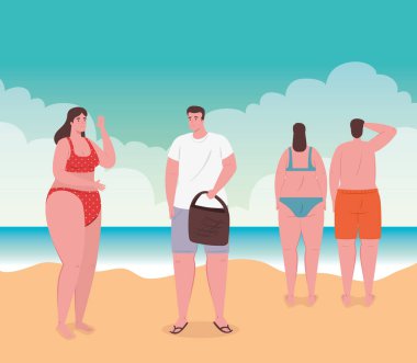 İnsanlarla plaj, plajda grup insanlar, yaz tatilleri ve turizm konsepti.