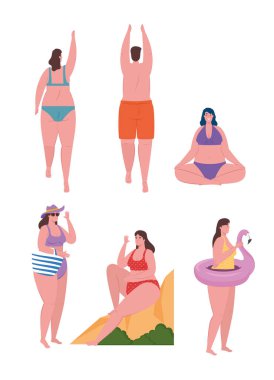 Mayolu genç insanlar, mayo giyen kadın ve erkek, yaz tatili sezonu