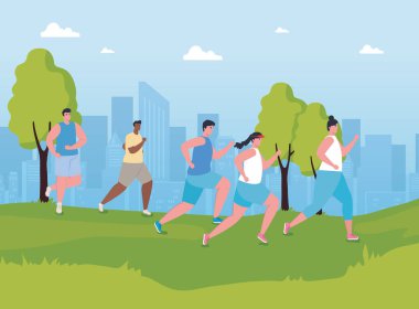 Parkta koşan genç maratoncular, kadınlar ve erkekler, yarışma ya da maraton koşusu posteri, sağlıklı yaşam tarzı ve spor