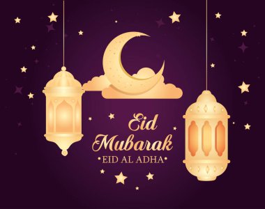 Kurban bayramı mübarek, mutlu kurban ziyafeti, fenerler asılı, ay ve yıldız süslemeleri bulutlu