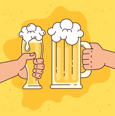 Biraları bardak ve bardakta tutan eller sarı arka planda.