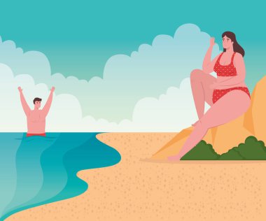 Plajdaki genç çift, plajdaki adam ve kız arkadaşı, yaz tatili sezonu.