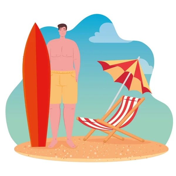 Hombre en pantalones cortos con tabla de surf, silla y sombrilla, escena de la playa, temporada de vacaciones de verano — Vector de stock