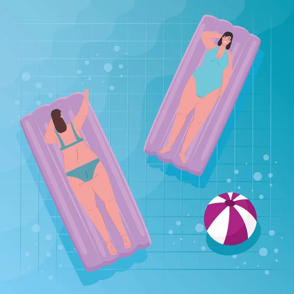 Lindo regordete las mujeres en acostado en inflable flotar en la piscina — Archivo Imágenes Vectoriales