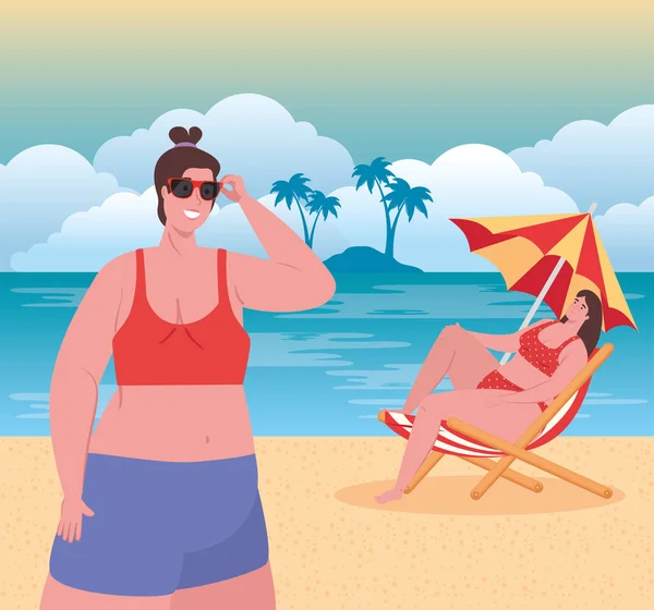 在海滩上穿着泳衣的胖胖的女人，在暑假里快乐的一群女人 — 图库矢量图片