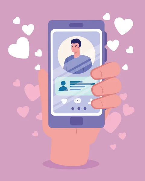 Online dating service applicatie, hand holding smartphone met man profiel, moderne persoon op zoek naar paar, sociale media, virtuele relatie communicatie concept — Stockvector