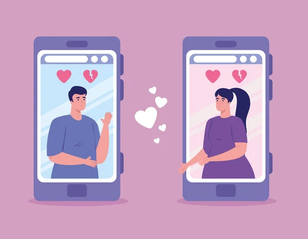 Онлайн додаток для сервісу знайомств, смартфон з чоловіками та жіночими профілями, сучасні люди шукають пару, соціальні медіа, концепція віртуальних відносин — стоковий вектор