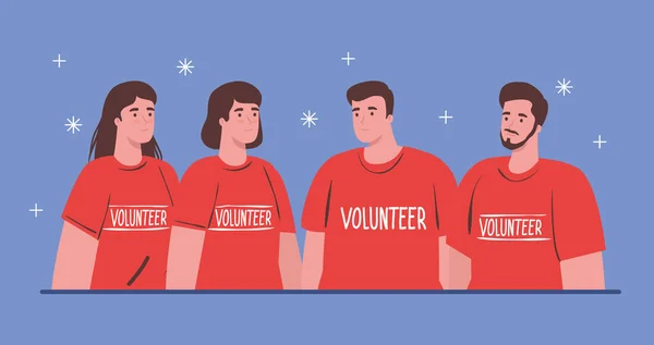 Gönüllü gençler kırmızı tişörtler, hayır kurumları ve sosyal yardım konsepti kullanıyor — Stok Vektör