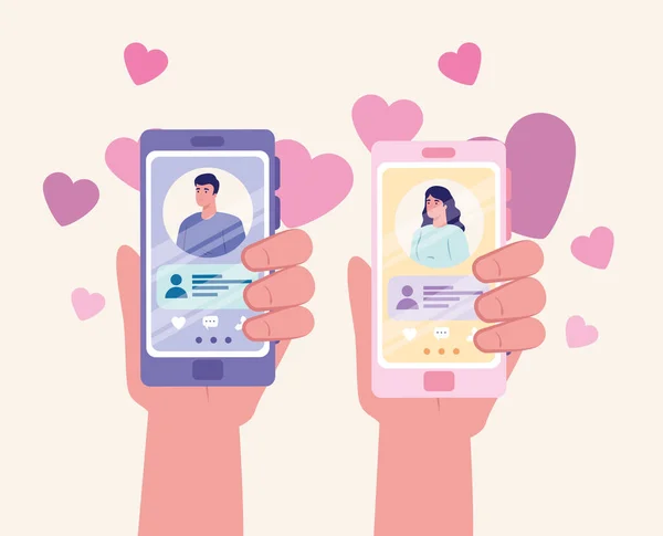 Online dating service applicatie, handen met smartphone met man en vrouw profielen, moderne mensen op zoek naar paar, sociale media, virtuele relatie communicatie concept — Stockvector