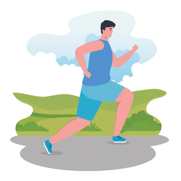 Hombre maratonista corriendo deportivo, hombre correr competición o maratón carrera cartel, estilo de vida saludable y deporte — Vector de stock