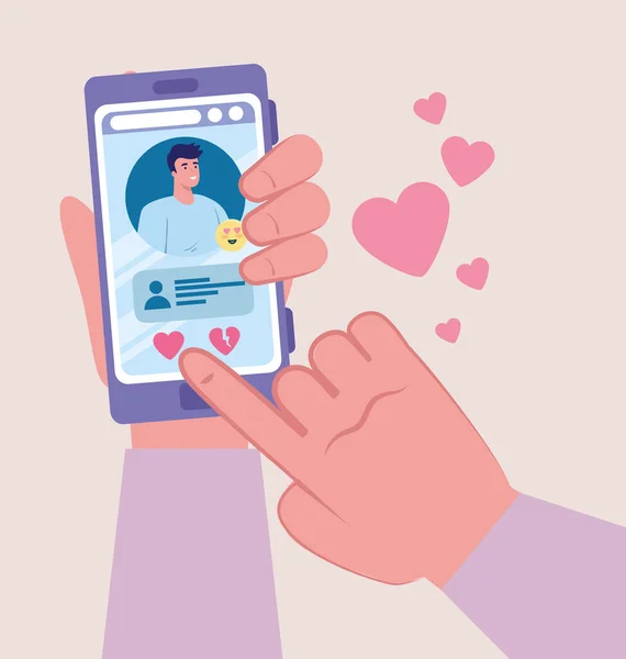 Online dating service applicatie, hand holding smartphone met man profiel, moderne persoon op zoek naar paar, sociale media, virtuele relatie communicatie concept — Stockvector