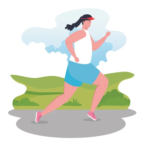 Mulher maratonista correr esportivo, feminino em competição de corrida ou cartaz de corrida de maratona, estilo de vida saudável e esporte — Vetor de Stock