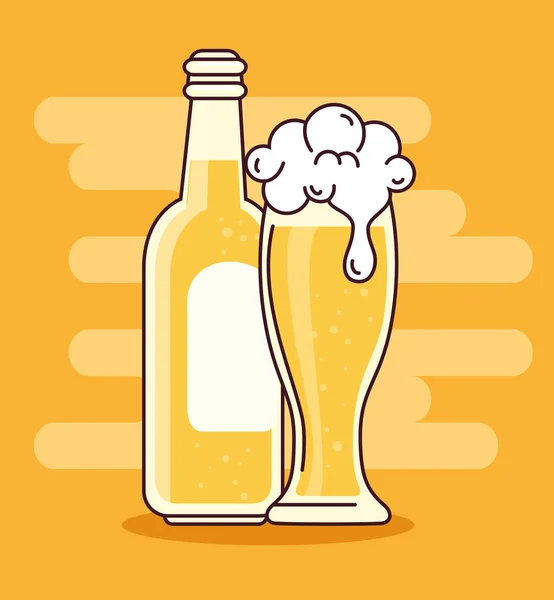 Öl i flaska och glas, på gul bakgrund — Stock vektor