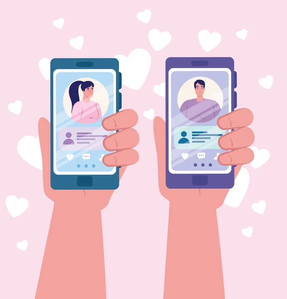 Online dating service applicatie, handen met smartphone met man en vrouw profielen, moderne mensen op zoek naar paar, sociale media, virtuele relatie communicatie concept — Stockvector