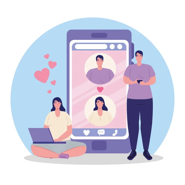 Online dating service application, smartphone with man and woman profiles, man using smartphone and woman using laptop, modern people looking for couple — Stock Vector