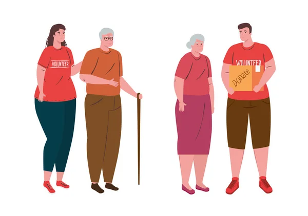 Bénévoles personnes avec vieux couple, concept de don de charité et de soins sociaux — Image vectorielle