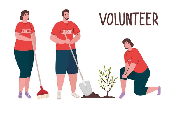 자원 봉사, 자선, 사회적 개념 자원 봉사 사람들은 나무를 심고 생태 생활을 합니다. — 스톡 벡터