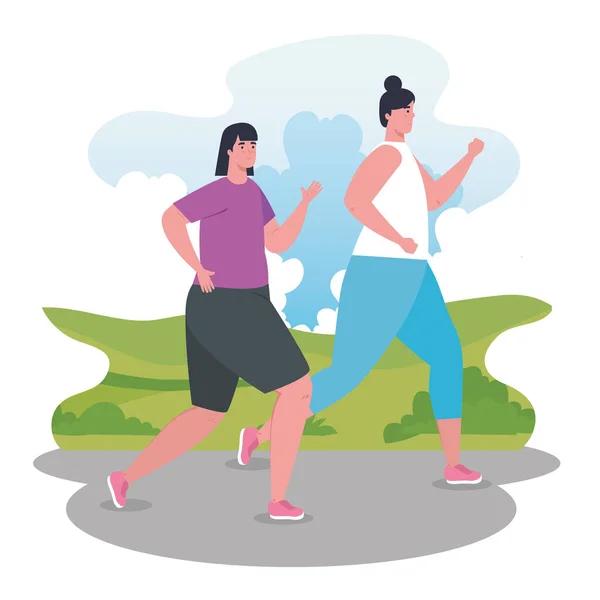 Női maraton futás sportos, csoport női futás, verseny vagy maraton verseny plakát, egészséges életmód és sport — Stock Vector