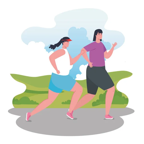 Marathonläuferinnen, die sportlich, junge Frauen laufen Wettbewerb oder Marathonlauf Plakat, gesunder Lebensstil und Sport — Stockvektor