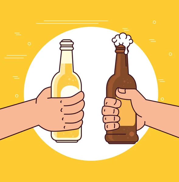 Mãos segurando cervejas em garrafas, no fundo amarelo —  Vetores de Stock