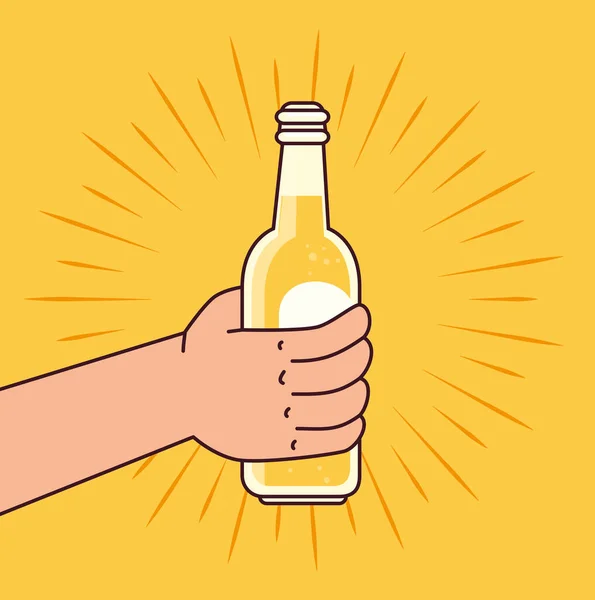 Mano sosteniendo una botella de cerveza, sobre fondo amarillo — Vector de stock