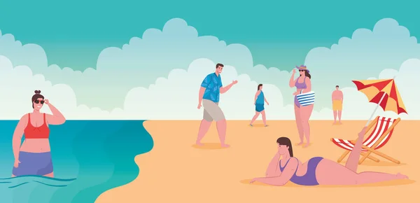 Playa con personas, grupo de personas en la playa, vacaciones de verano y el concepto de turismo — Archivo Imágenes Vectoriales