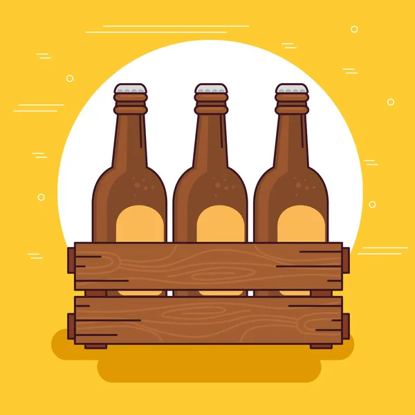 Cervezas en la caja de madera, sobre fondo amarillo — Vector de stock