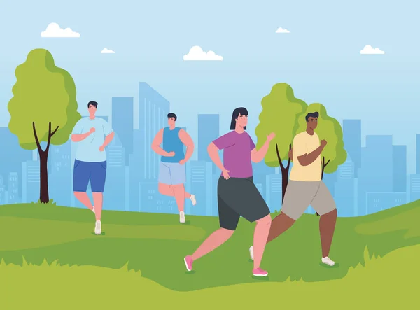 Människor maratoners kör i parken, män och kvinnor, kör tävling eller maraton ras affisch, hälsosam livsstil och idrott — Stock vektor