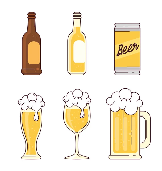 Set, flessen, blik, glas, beker, biermok op witte achtergrond — Stockvector