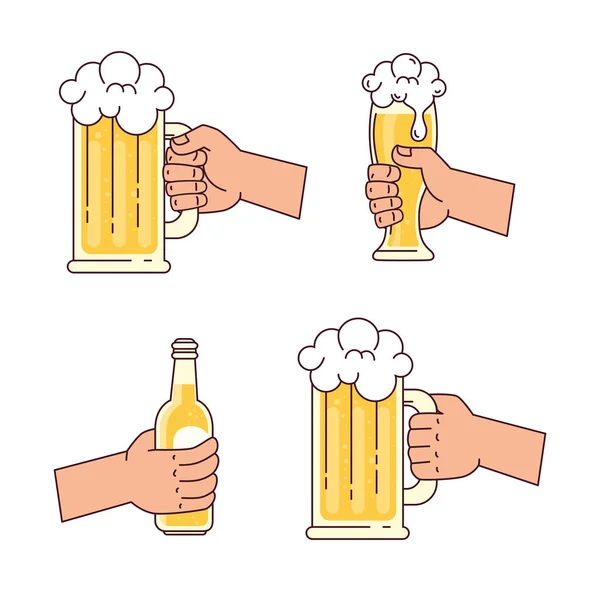 Mani che tengono birre, su sfondo bianco — Vettoriale Stock