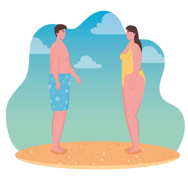 Pareja joven en la playa, chico y su novia en la playa, temporada de vacaciones de verano — Archivo Imágenes Vectoriales