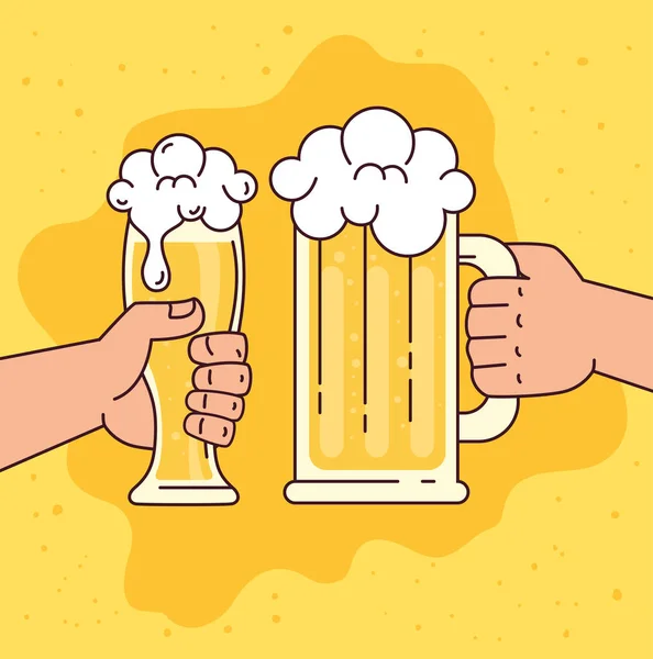 Hands holding beers in mug and glass, on yellow background — Stock Vector