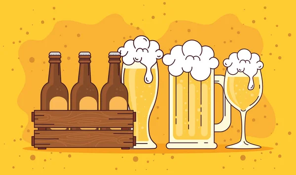 Cervezas en la caja de madera, taza y taza de cerveza sobre fondo amarillo — Vector de stock