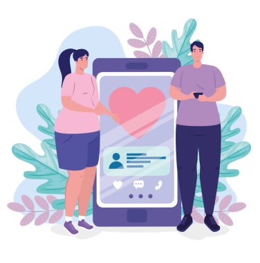 Çevrimiçi çöpçatanlık hizmeti başvurusu, kalp ve çiftli akıllı telefon, çift arayan modern insanlar, sosyal medya, sanal ilişki konsepti