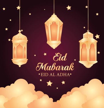 Kurban bayramı mübarek, mutlu kurban ziyafeti, süslemeleri, bulutları ve yıldızları asılı fenerlerle