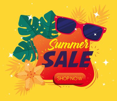 Yaz indirimi afişi, güneş gözlüklü, yapraklı, çiçekli sezon indirimi posteri, yaz indirimli alışveriş davetiyesi, özel indirim kartı.