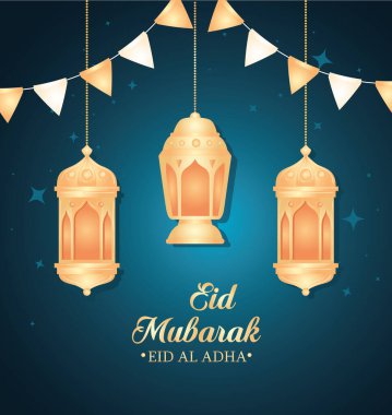 Kurban bayramı mübarek, mutlu kurban ziyafeti, fenerler ve çelenkler asılı.