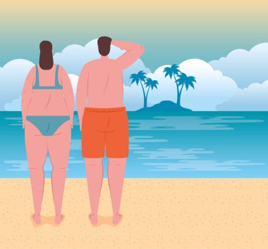 Plajdaki genç çift, plajdaki adam ve kız arkadaşı, yaz tatili sezonu.