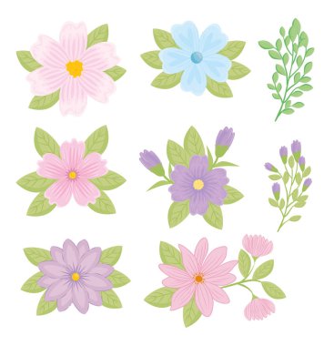 Çiçeklerin renkleri Pastel, mavi, pembe, mor ve yapraklı dallar